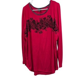 Worthington Woman 2X Red Long Sleeve Top Black Floral Applique Faux Leather Trim